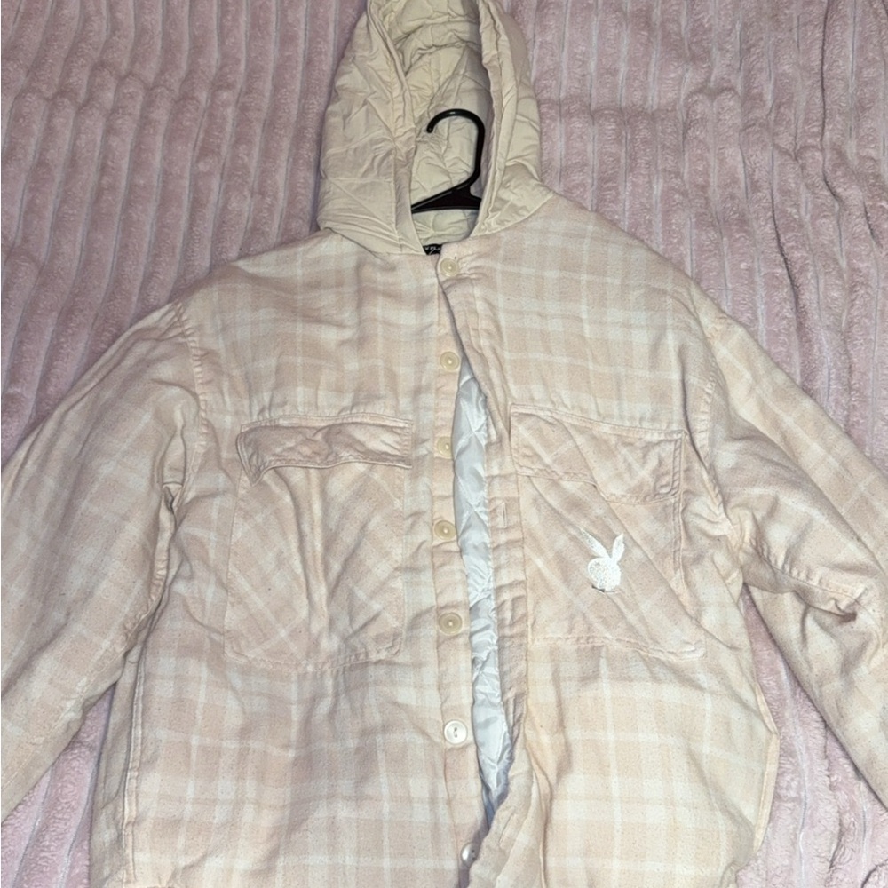 PacSun Cream Plaid Hooded Puffer Jacket